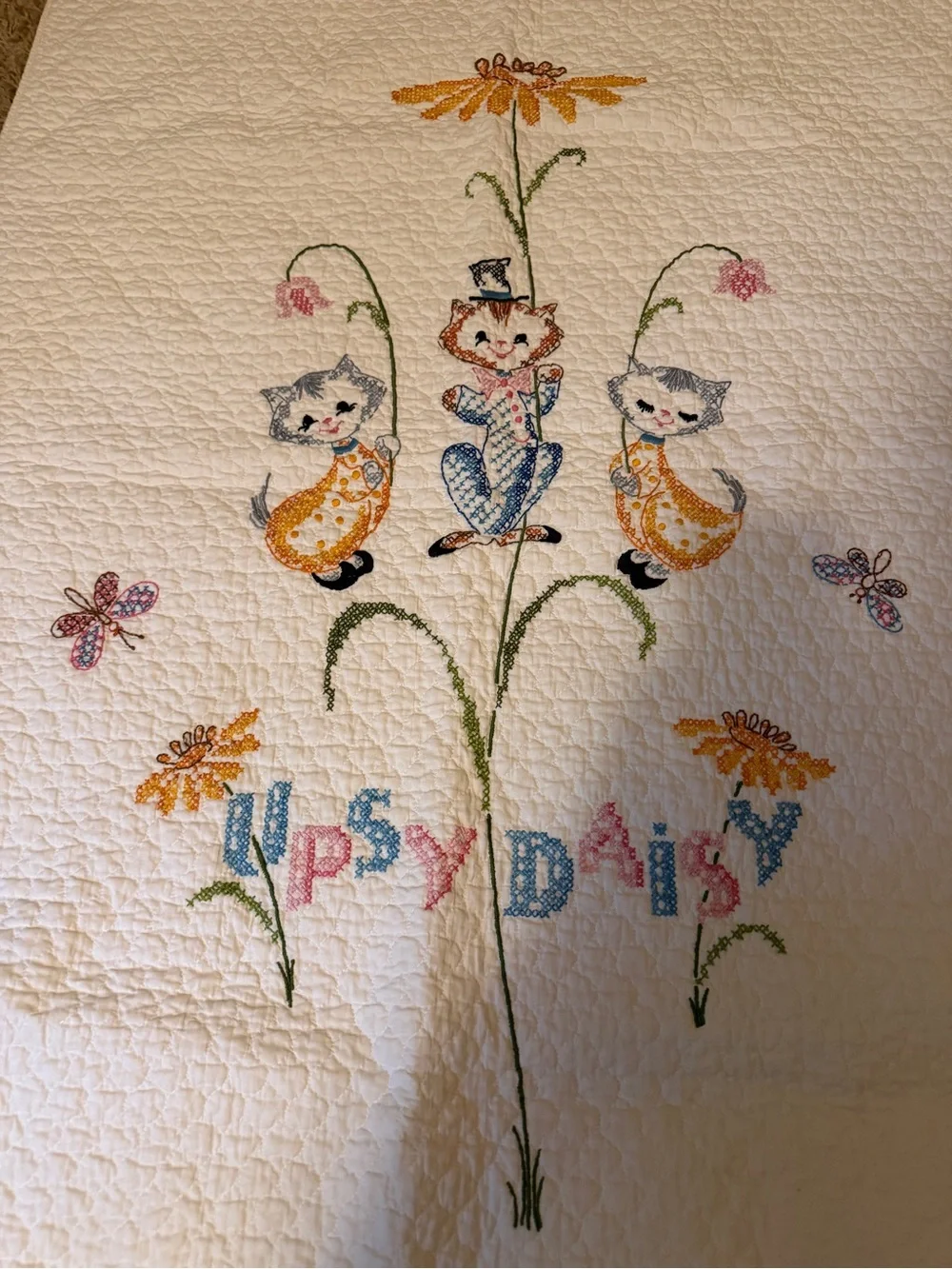 Handmade Quilt Toddler Bed Crib Blanket Cats Butterflies Daisies
